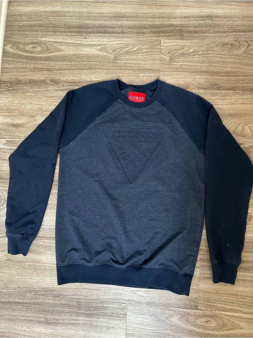 GUESS Men's Dark Navy Embossed Logo Crewneck Sweatshirt